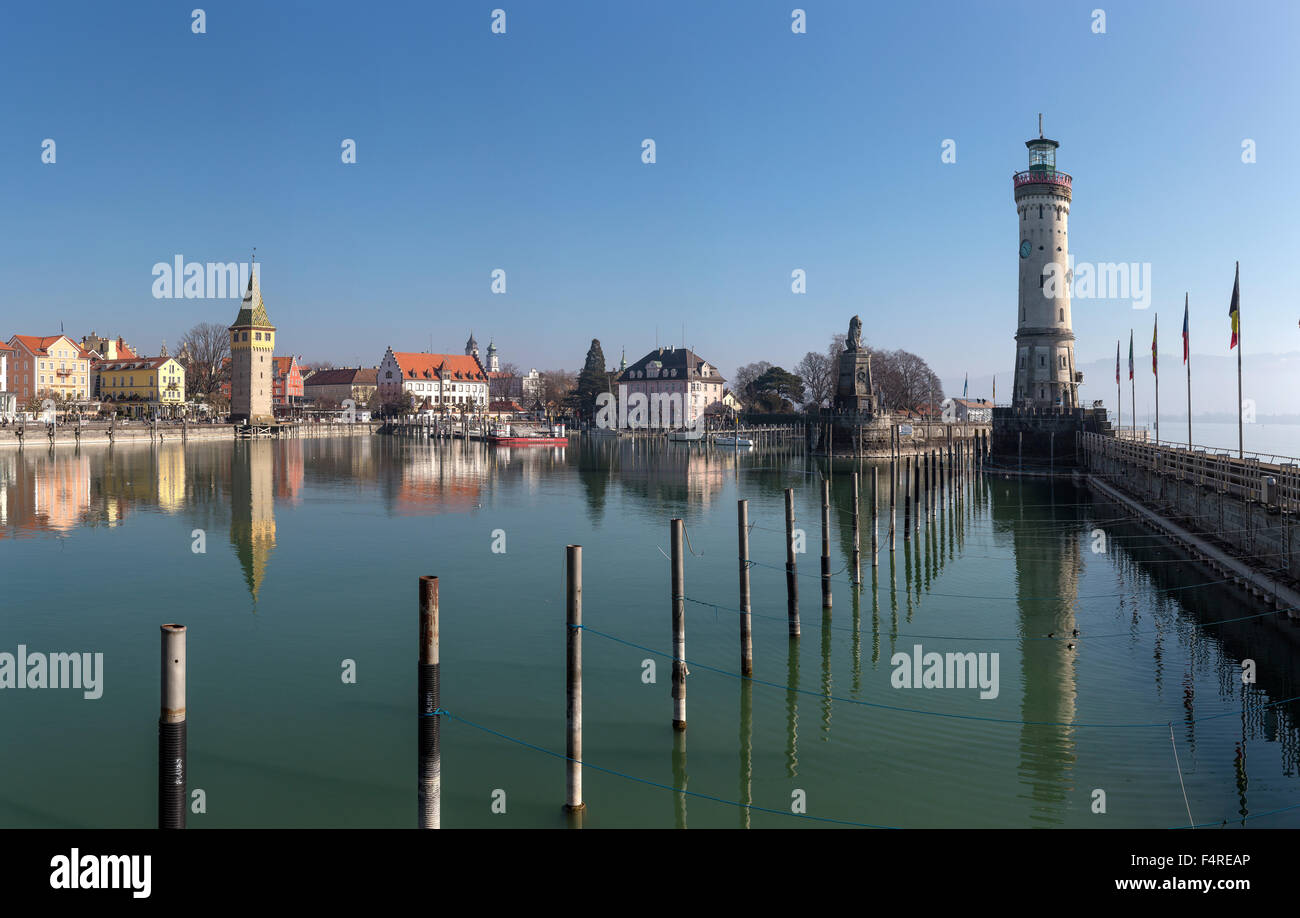 Allemagne, Europe, Bayern, village, l'eau, hiver, lac, Mangturm, tour, Lindau, port, le lac de Constance, Constance, Banque D'Images