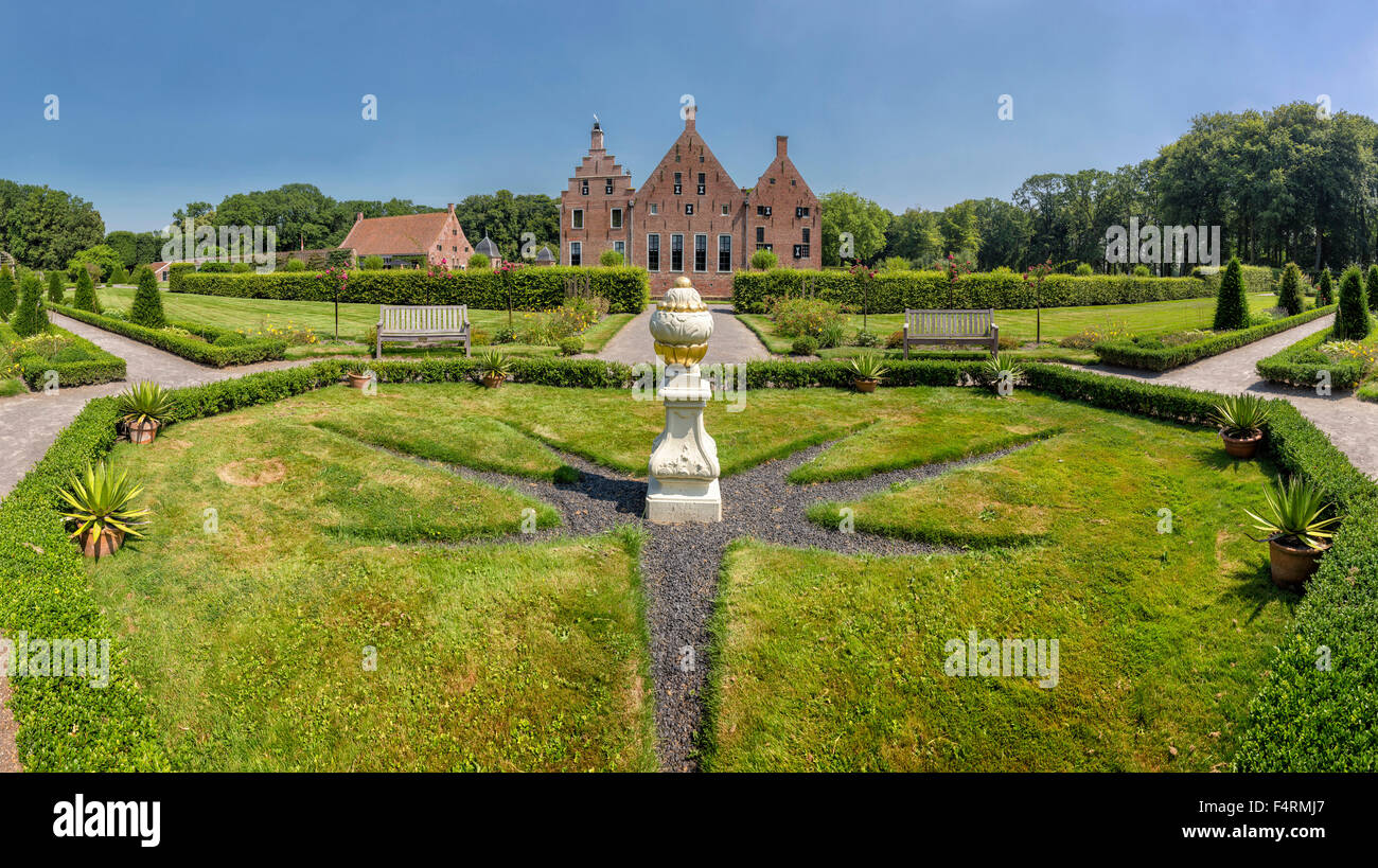Pays-bas, Europe, Hollande, Uithuizen, Groningen, château, fleurs, été, Jardin, château Menkemaborg Banque D'Images
