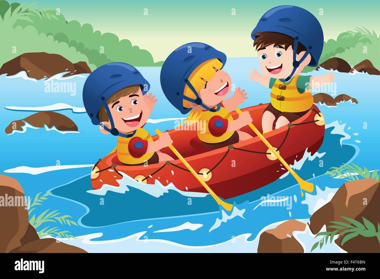 Un vecteur illustration de trois enfants heureux sur le bateau Illustration de Vecteur