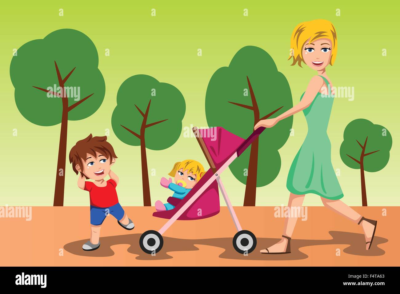 Un vecteur illustration de belle mère marcher avec ses enfants Illustration de Vecteur