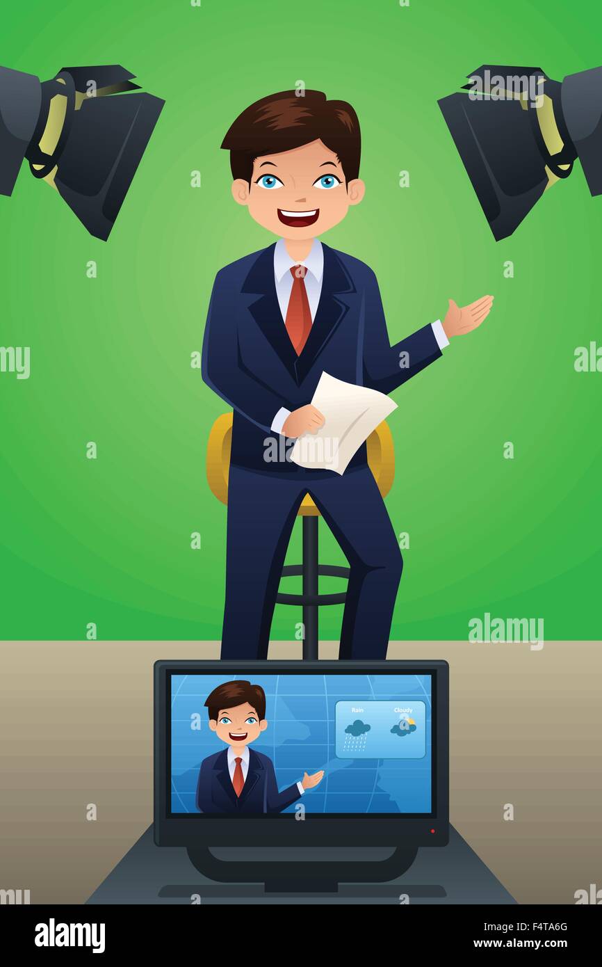 Un vecteur illustration d'un reporter météo TV au travail Illustration de Vecteur