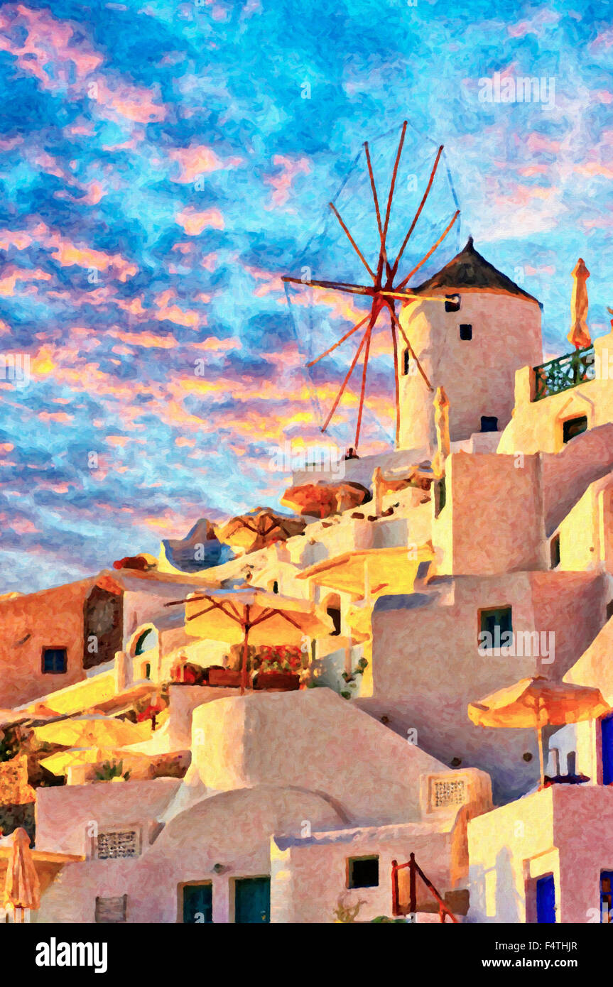 Une peinture numérique d'un des moulins à vent traditionnels d'Oia sur l'île paradisiaque de Santorin. Banque D'Images