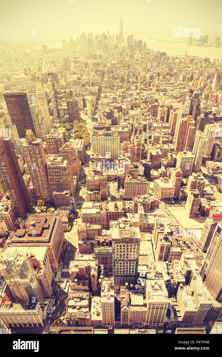 Tons rétro vue aérienne de Manhattan, New York City, USA. Banque D'Images