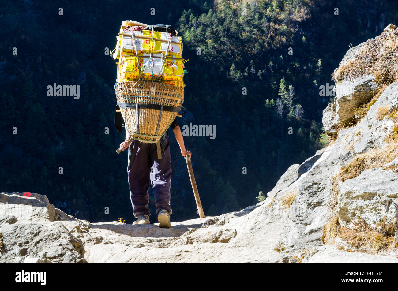 Porter porter de lourds à charger une voie ascendante au-dessus de Namche Bazar (3,440 m), la base pour le trekking et l'alpinisme en solo Banque D'Images