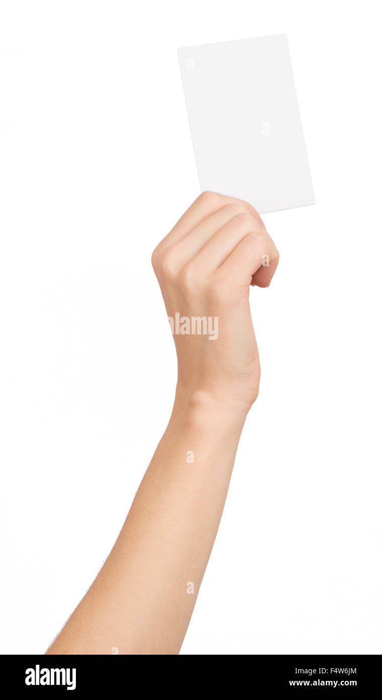 La main de femme avec petite carte vide vertical Banque D'Images