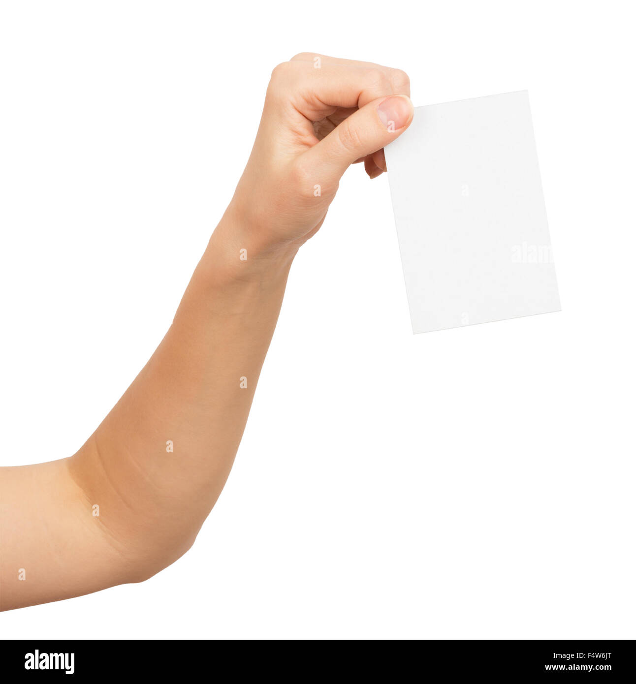 La main de femme avec petite verticale papier vide Banque D'Images