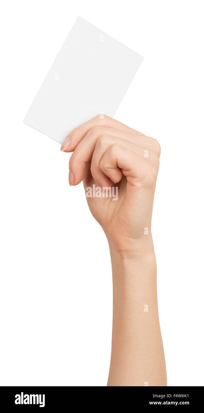 La main de femme avec petite verticale carte vierge Banque D'Images