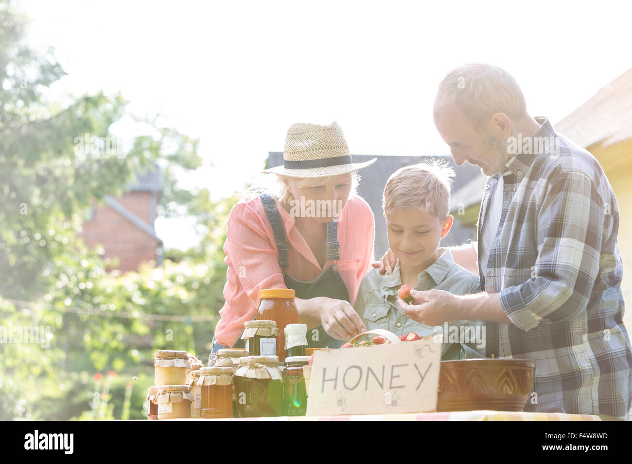Les grands-parents et petit-fils de vendre le miel à farmer's market stall Banque D'Images