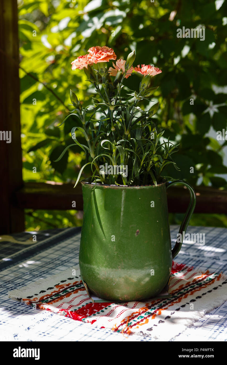 Des œillets Rose pousse dans un vieux pot de fer comme un élément de décoration dans un jardin Banque D'Images