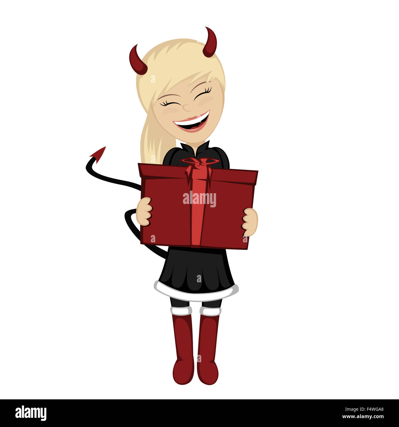 Devil girl Noël avec surprise - jolie petite fille blonde avec une boîte-cadeau en costume Banque D'Images