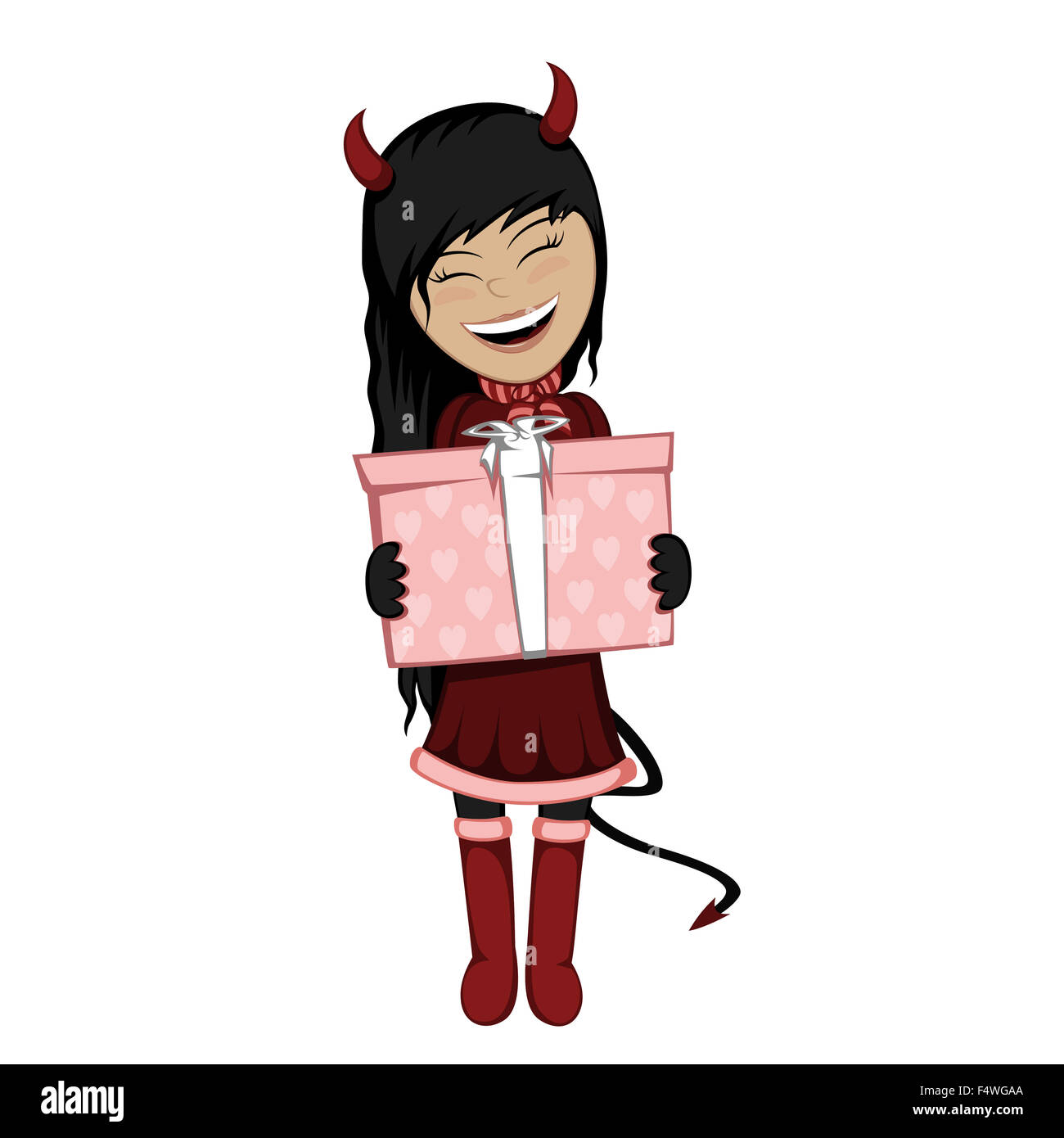 Devil girl Noël avec surprise - jolie petite fille aux cheveux noirs avec une boîte-cadeau en costume Banque D'Images
