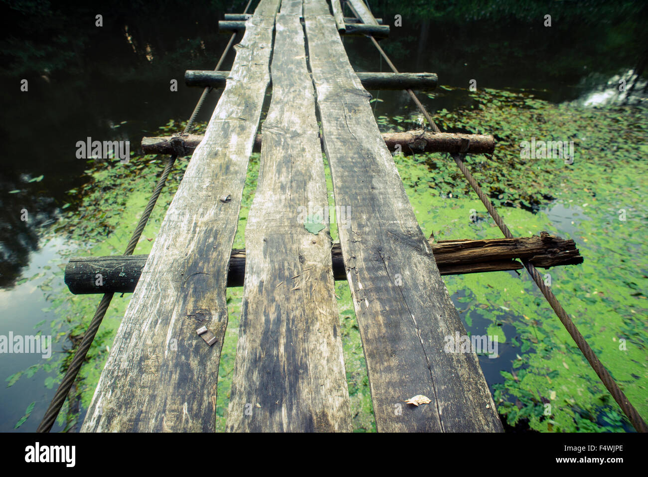 Pont de corde en bois sur les eaux de la rivière de la forêt de fragment Banque D'Images