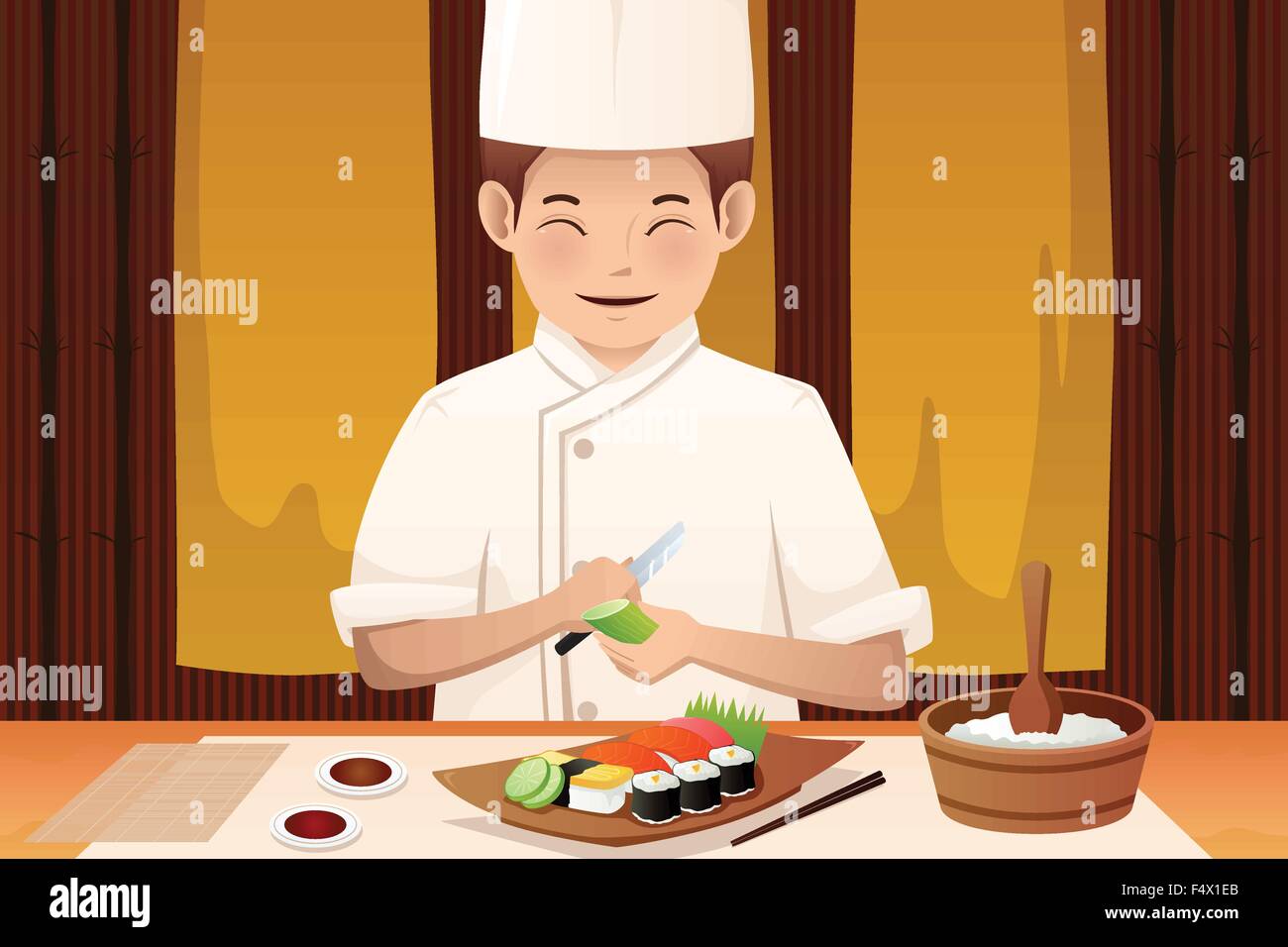 Un vecteur illustration de chef sushi travaillant dans un restaurant. Illustration de Vecteur