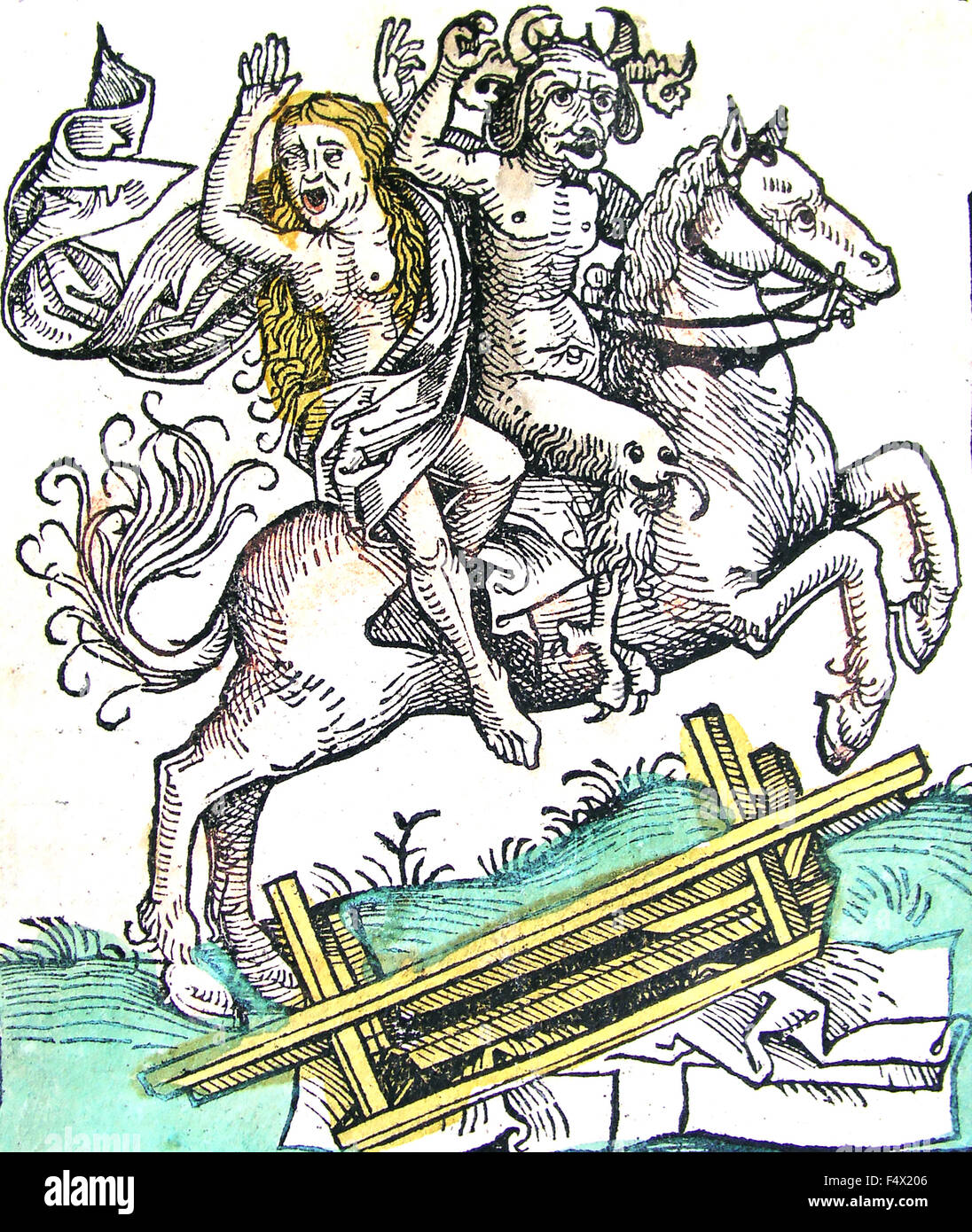 La Chronique de Nuremberg, 15e siècle, la gravure sur bois d'une sorcière et de diable sur l'crosing un pont Banque D'Images