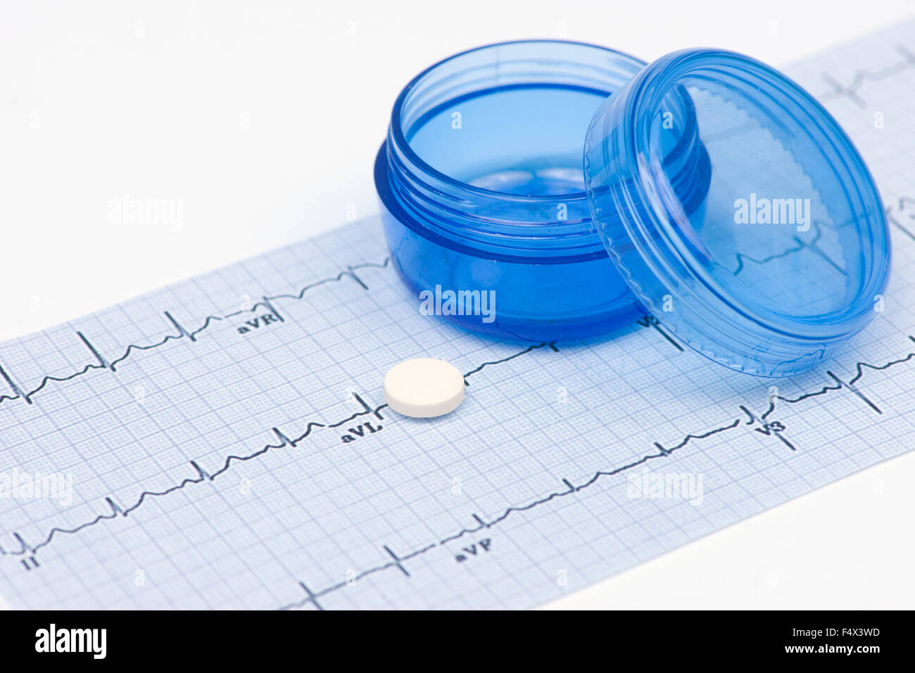 Aspirine quotidienne avec l'électrocardiographe et pilule bleue contenant. Banque D'Images