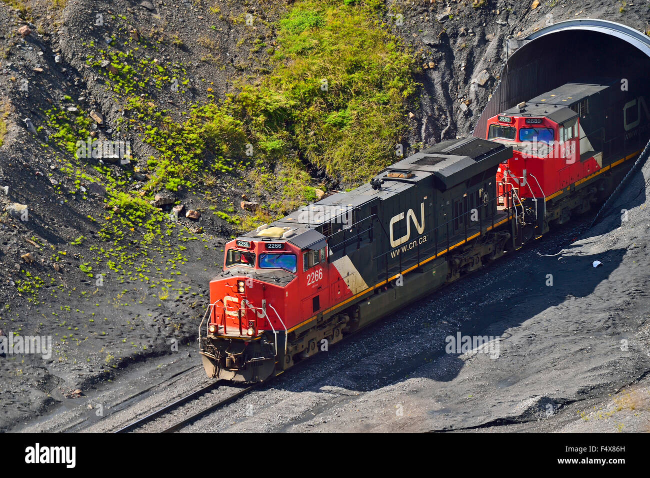 Un close up image horizontale d'un train du Canadien National voyageant à travers un tunnel moteur Banque D'Images