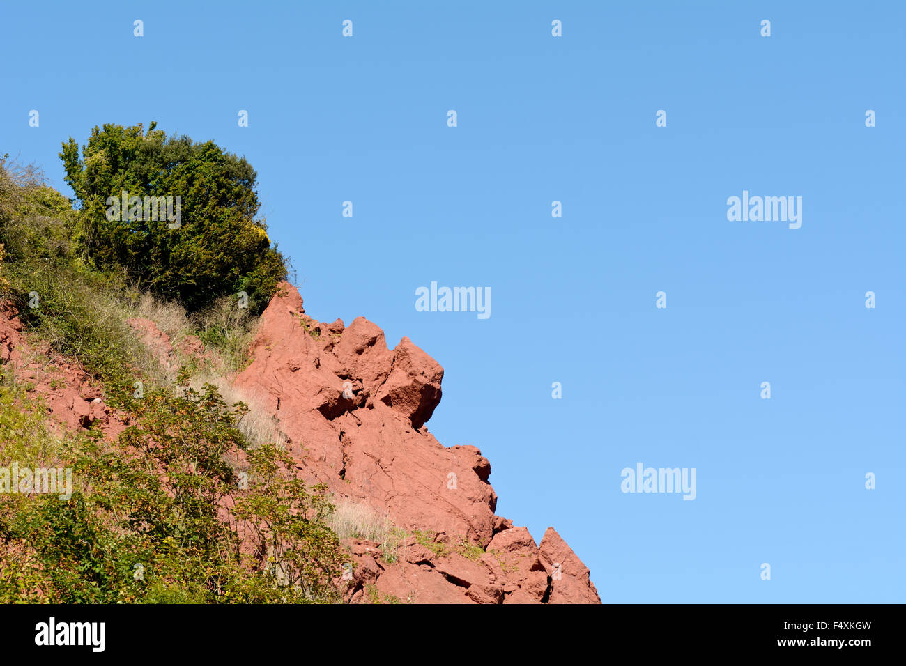 Les falaises de grès rouge au-dessus de la plage Oddicombe, Torquay, Devon, Angleterre Banque D'Images