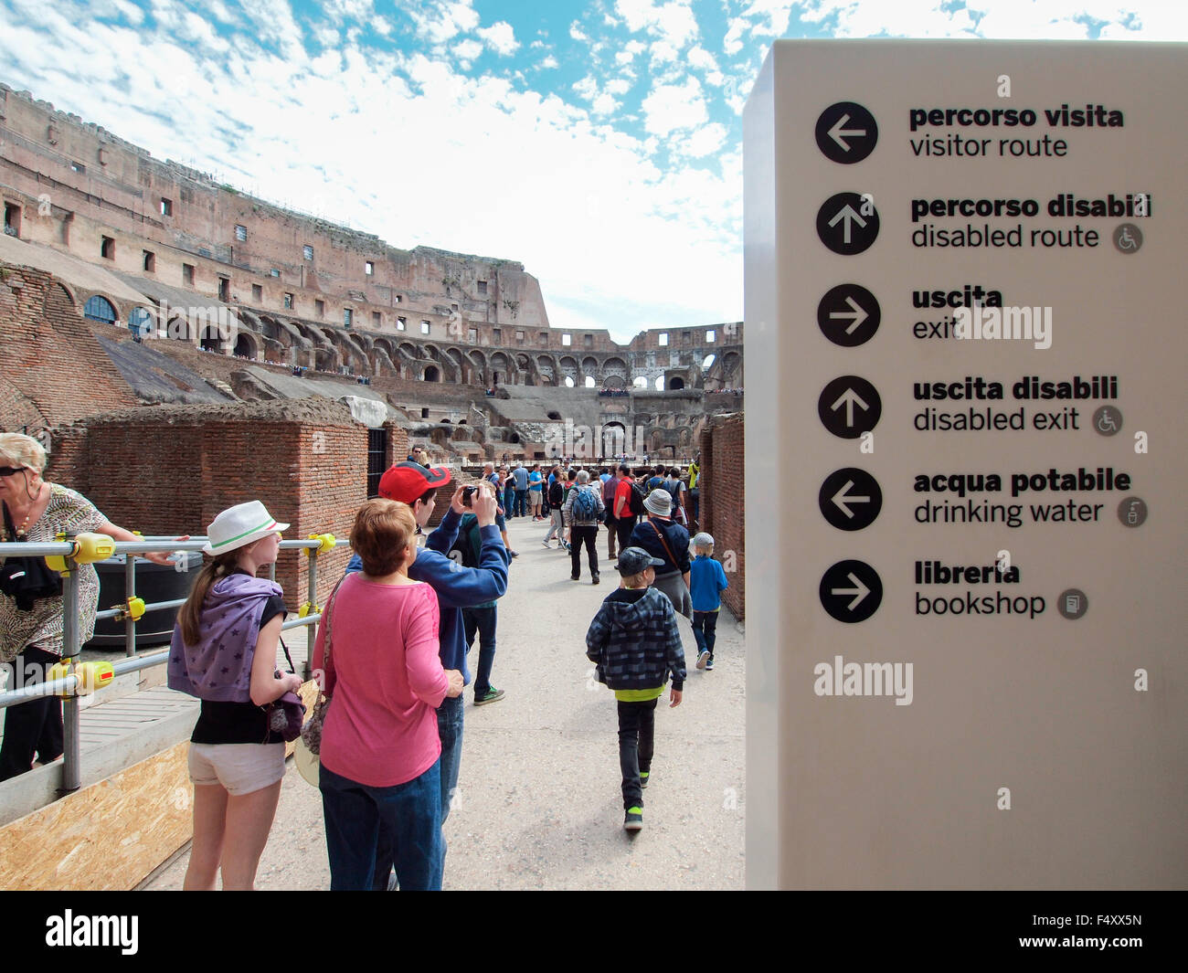 Les signes sont les directeurs des foules de touristes à l'ancienne Rome Colisée, attraction touristique la plus populaire et monument romain. Banque D'Images