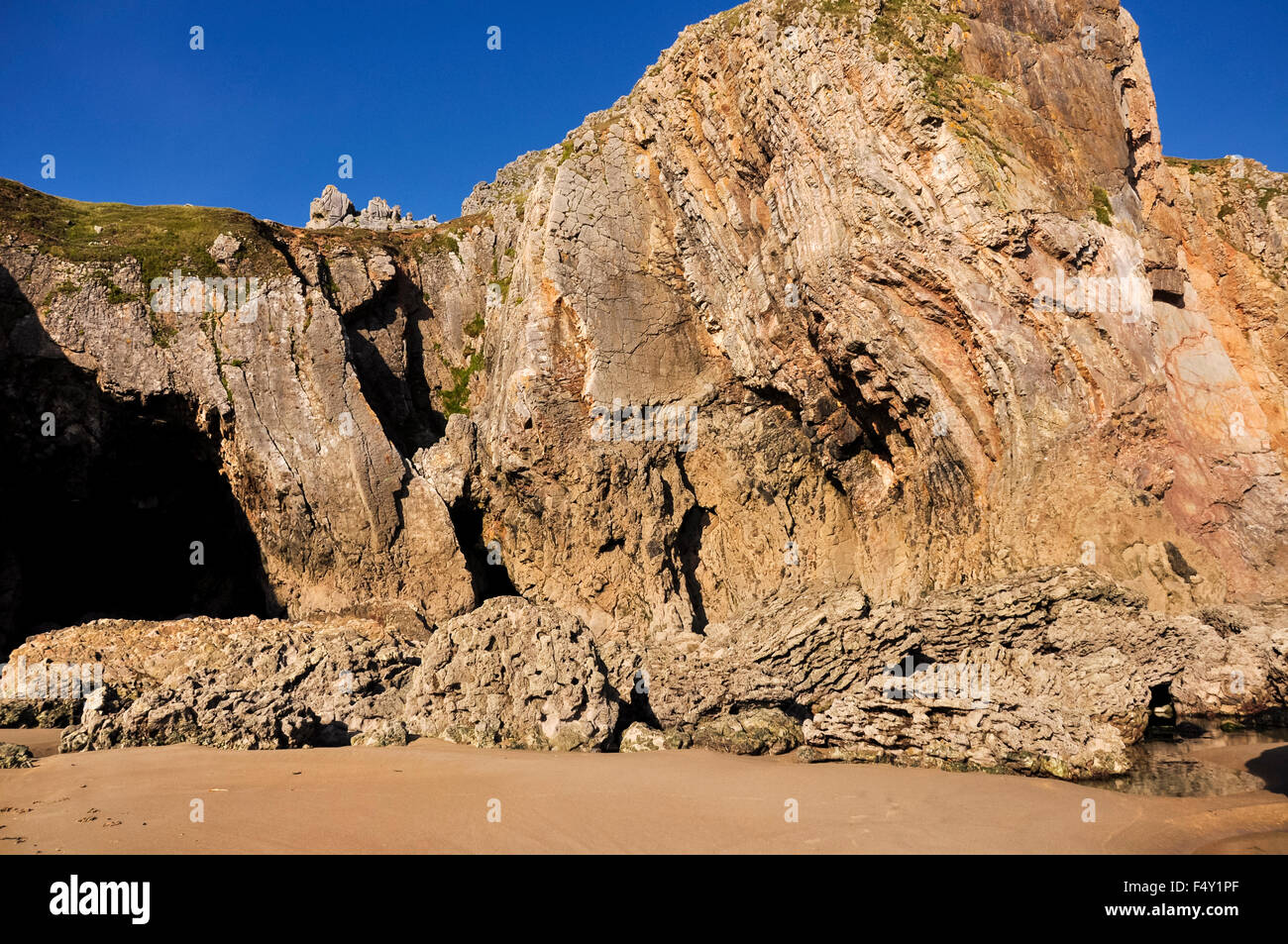 Falaises spectaculaires à Bullslaughter Bay sur la côte du Pembrokeshire, Pays de Galles. Banque D'Images