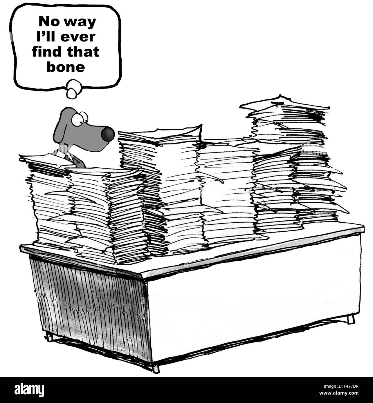 Caricature d'affaires à chien 24 haute empilée avec de la paperasserie, 'aucune manière je pourrai jamais trouver que l'os". Banque D'Images Caricature d'affaires à chien 24 haute empilée avec de la paperasserie, 'aucune manière je pourrai jamais trouver que l'os". Banque D'Images