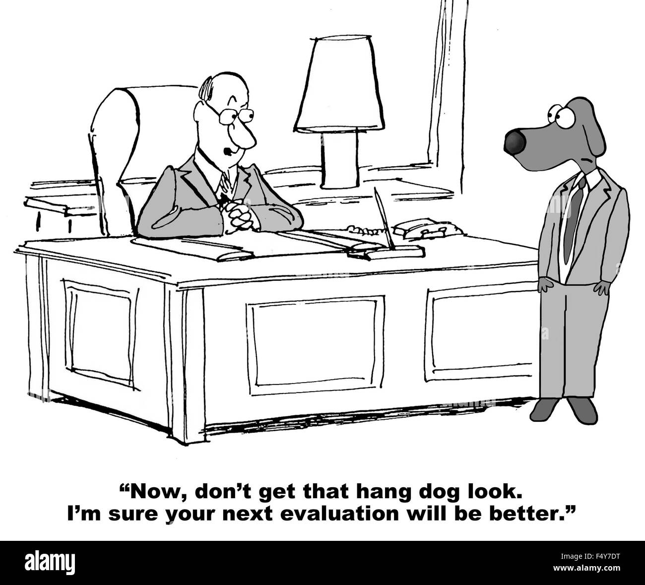Caricature d'affaires de patron disant au chien, "Maintenant, n'obtenez pas que chien accrocher... votre prochaine évaluation sera mieux". Banque D'Images