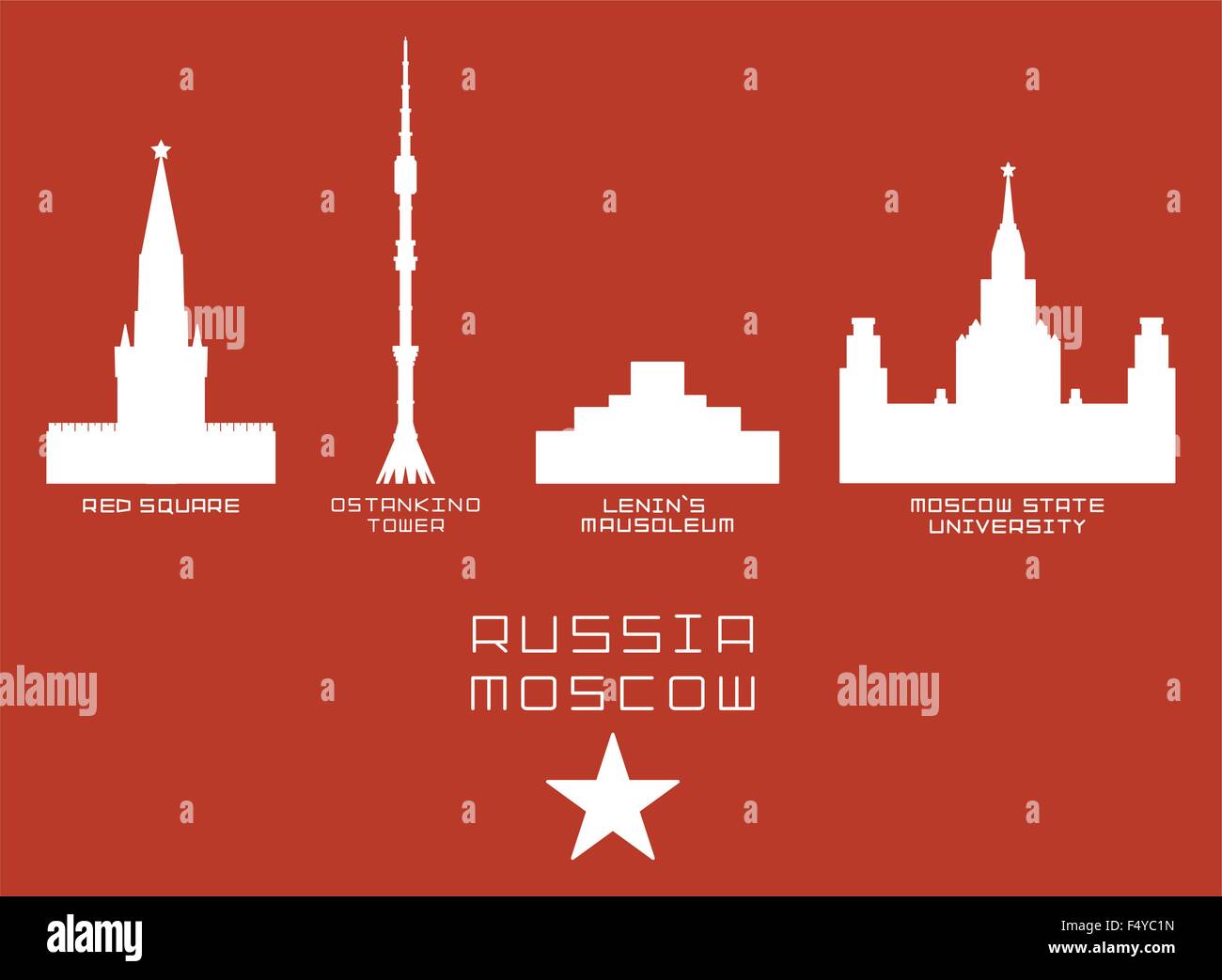 Russie Moscou ville silhouette forme icon set -Tour Ostankino, la Place Rouge, le mausolée de Lénine, State University Illustration de Vecteur