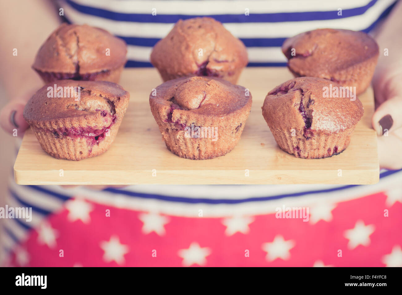 Muffins au chocolat aux fruits rouges dans les mains des femmes Banque D'Images