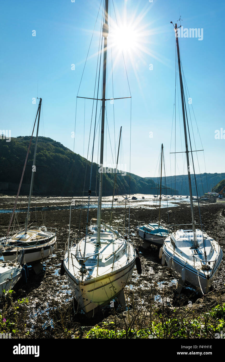 Yachts amarrés à marée basse, avec un soleil qui brillait à travers la starburst mâts.lens flare Banque D'Images