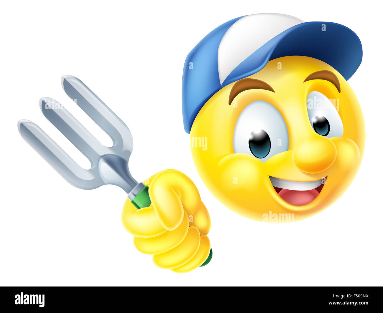 Un dessin animé émoticone emoji jardinier tenant une fourche de jardin Banque D'Images