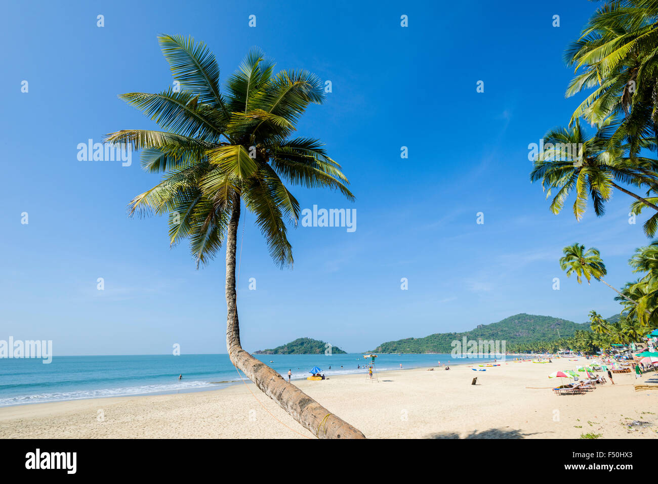 Plage de palolem avec ciel bleu, palmiers, sable blanc et bleu de la ...
