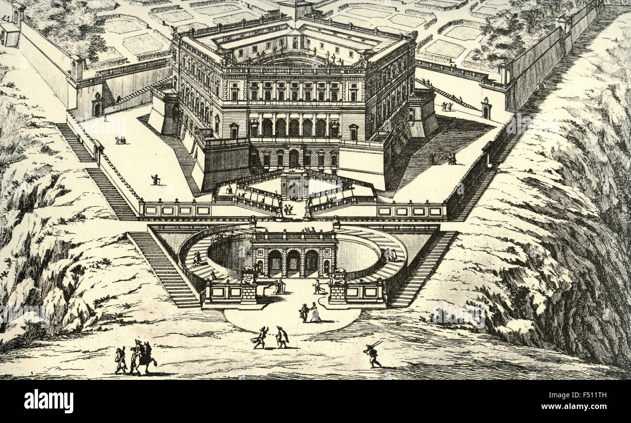 Illustration de l'avis du célèbre palais de Caprarola de la Sérénissime Duc de Parme, Caprarola, Italie Banque D'Images
