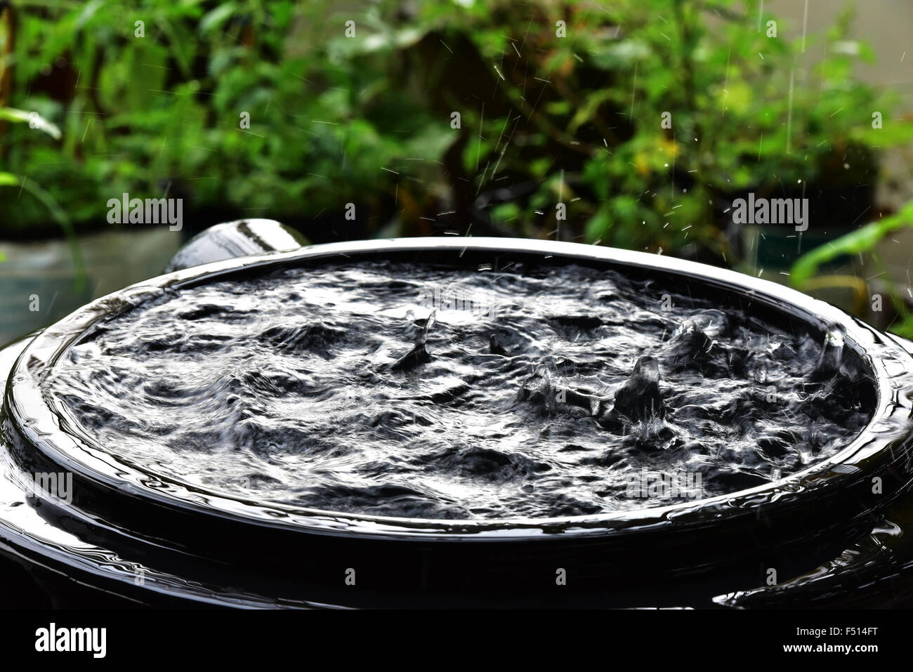 La récolte de l'eau de pluie. Run-off de pluie du toit sont recueillis dans un grand réservoir en plastique. Économiser l'eau. La journée mondiale de l'eau. Banque D'Images