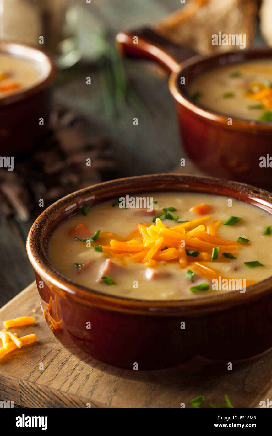 De la bière à la ciboulette soupe au fromage et du pain Banque D'Images