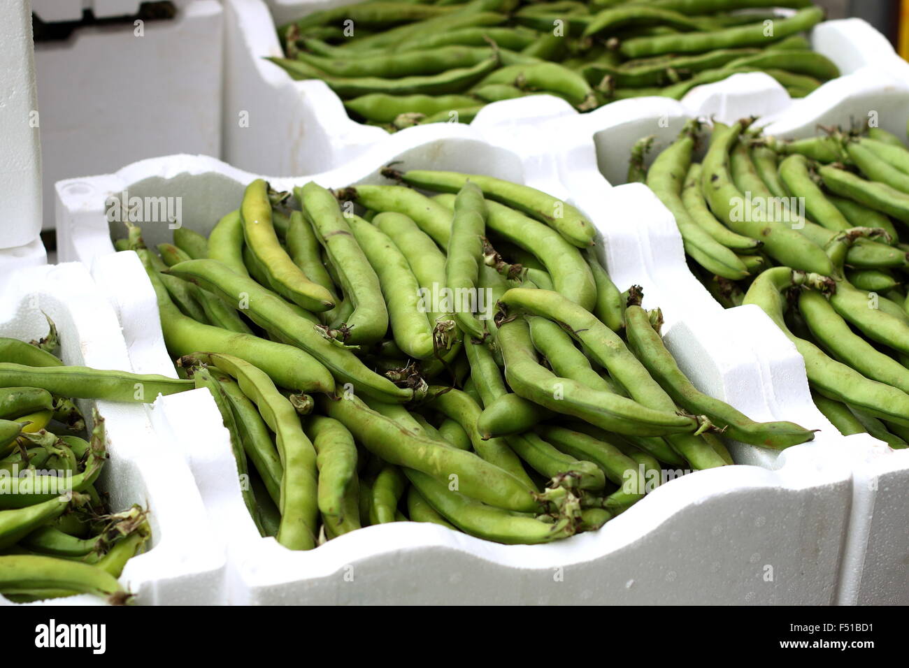 Boîte en polystyrène rempli de fèves à vendre dans un marché Banque D'Images