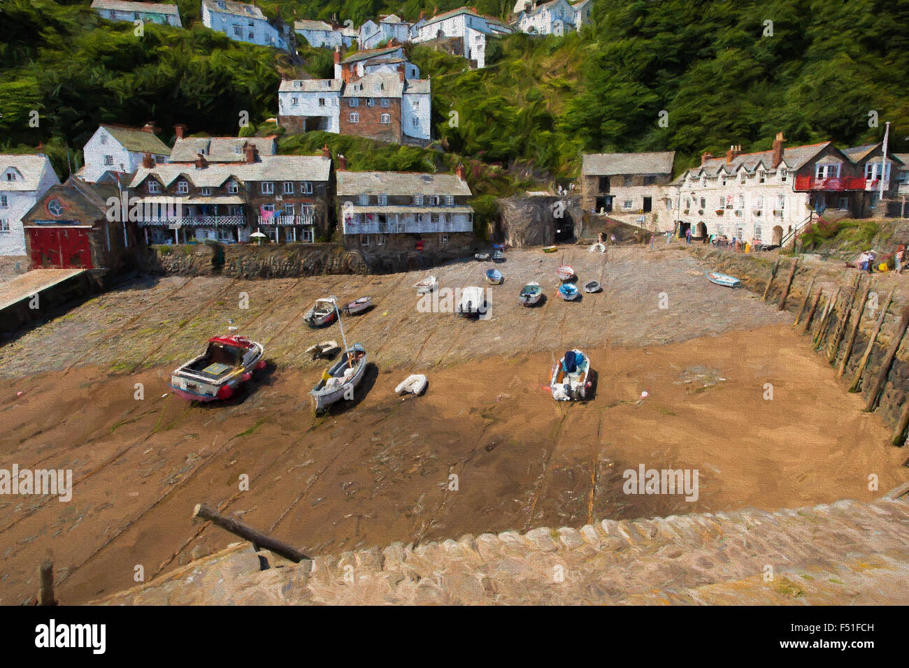 Port de Clovelly Devon, Angleterre Royaume-uni belle côte village et port de la peinture à l'huile illustration Banque D'Images