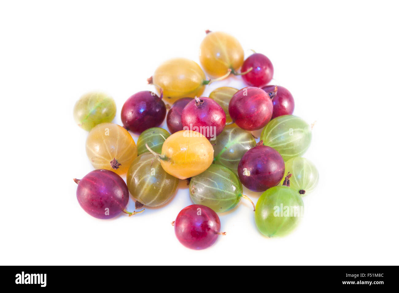 Rouge, vert et jaune, les groseilles à maquereau Ribes uva-crispa, isolé sur fond blanc Banque D'Images