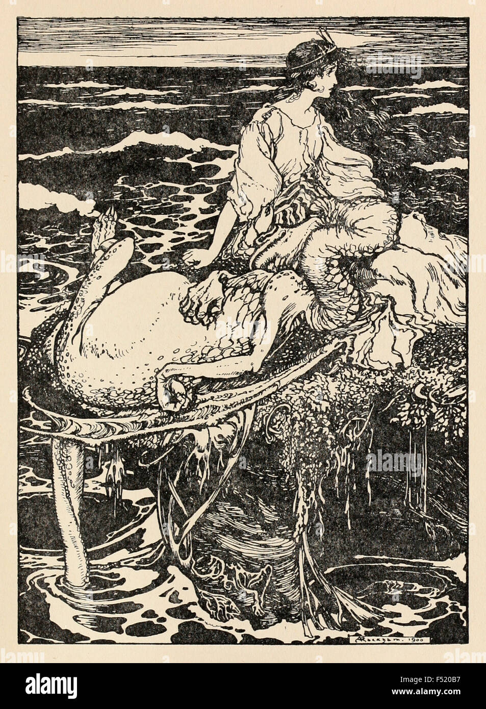 'Ils ont trouvé la princesse toujours sur le rocher, mais le dragon fut endormi, la tête sur ses genoux.'' dans 'Les quatre frères ingénieux' dans 'Les contes des frères Grimm's', illustration par Arthur Rackham (1867-1939). Voir la description pour plus d'informations. Banque D'Images