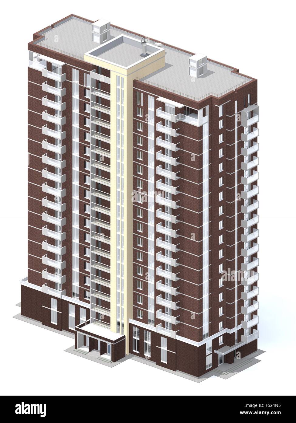 Le rendu 3D de bâtiment moderne de plusieurs étages du bâtiment résidentiel isolated on white Banque D'Images