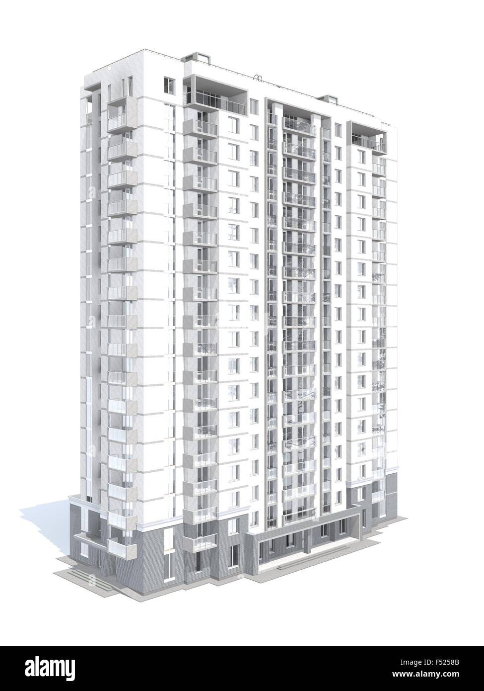 Le rendu 3D de bâtiment moderne de plusieurs étages du bâtiment résidentiel isolated on white Banque D'Images