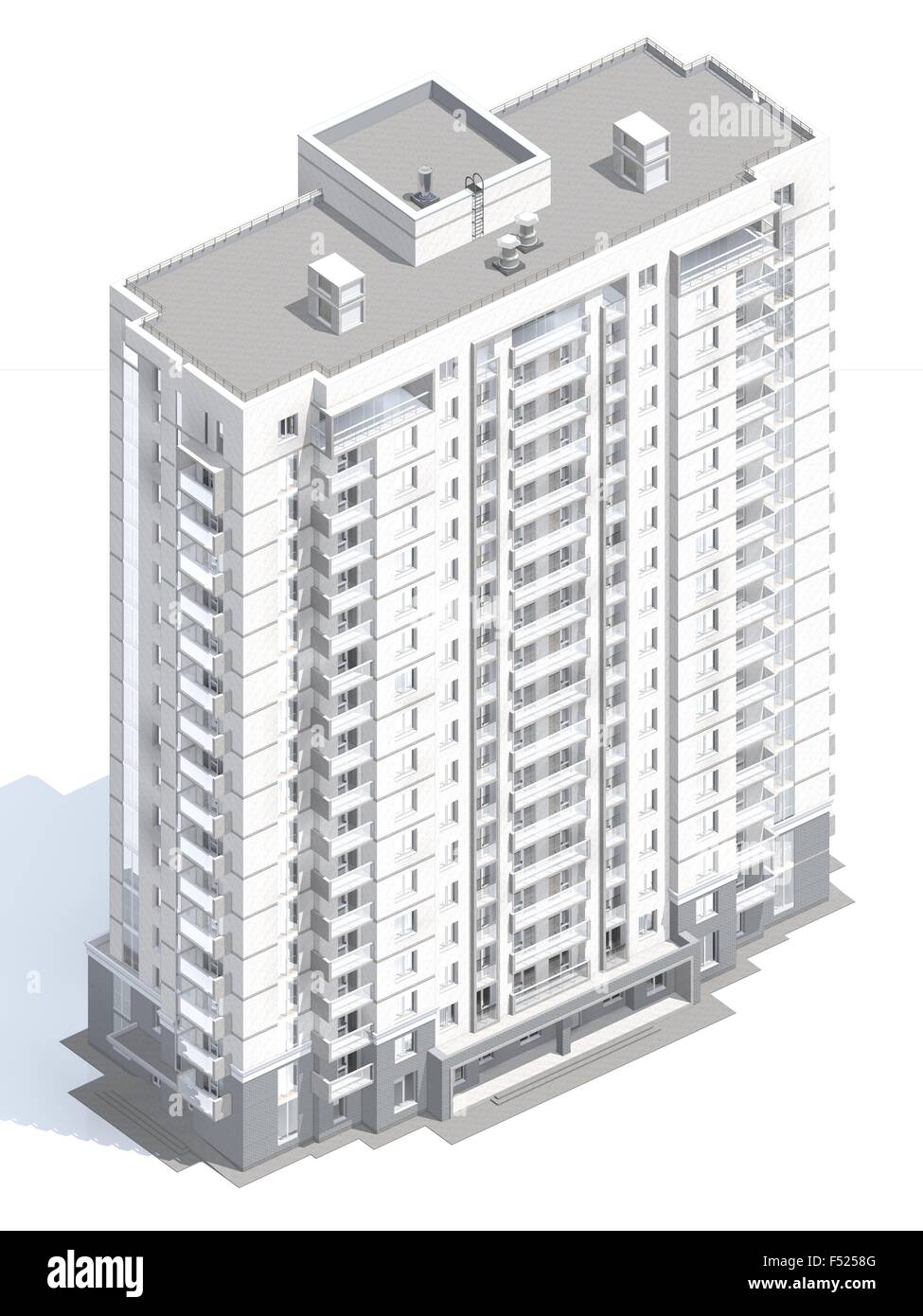 Le rendu 3D de bâtiment moderne de plusieurs étages du bâtiment résidentiel isolated on white Banque D'Images