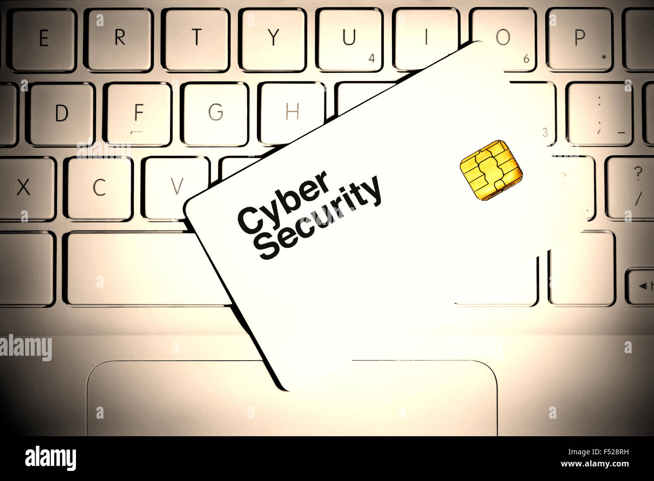 Concept de sécurité cybernétique. Carte à puce sur un clavier d'ordinateur portable blanc. Banque D'Images