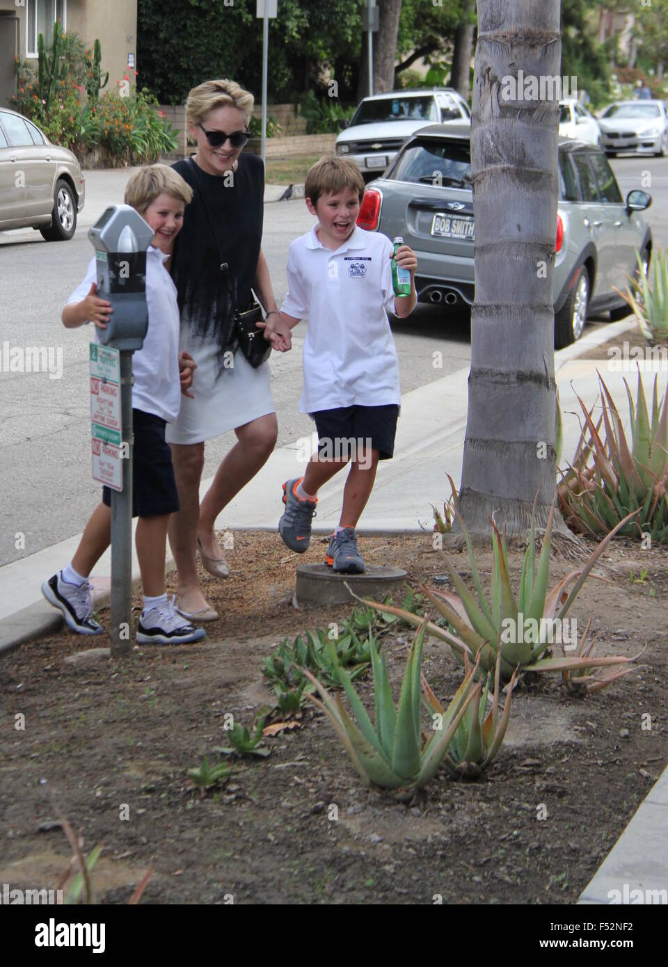 Sharon Stone avec son fils à Beverley Hills traverse la rue et s'amusant enjambant un cactus avec : Sharon Stone, Quinn Kelly Stone, Laird Vonne Stone Où : Los Angeles, California, United States Quand : 25 août 2015 Banque D'Images