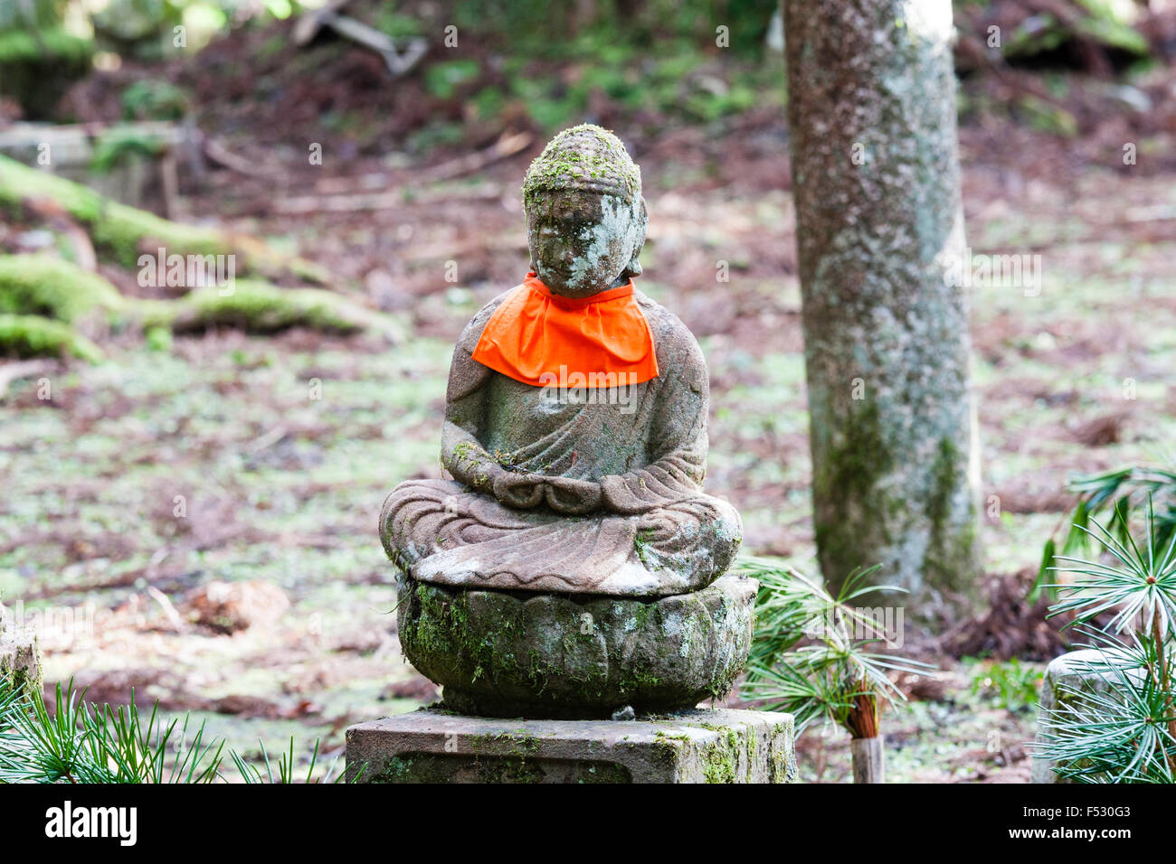 Le Japon, Koyasan, Okunoin cemetery. Petit socle en pierre-Jizo bosatsu assis statue bouddhiste avec red offre. Placé dans le dégagement en forêt. Banque D'Images