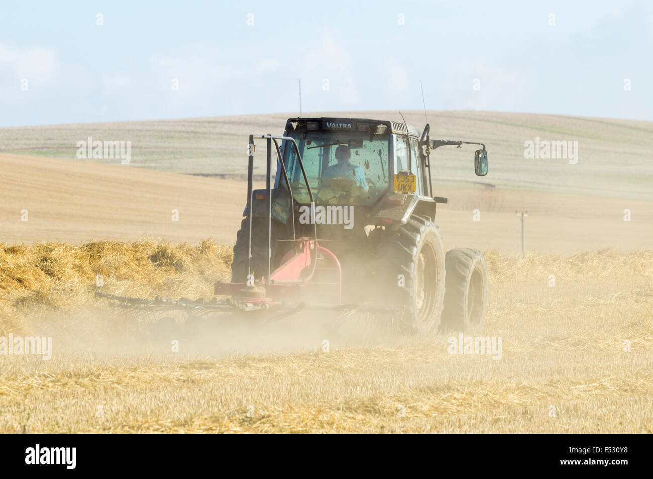 Foin sec à l'agriculteur le tournant avant la mise en balles. Angleterre, Royaume-Uni. Banque D'Images