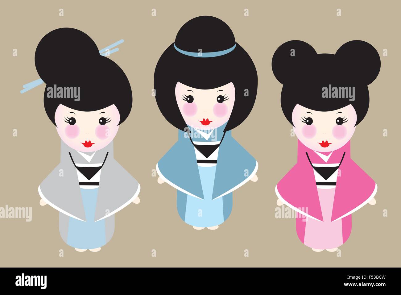 Poupées Japonaises mignonnes avec différentes coiffures Illustration de Vecteur