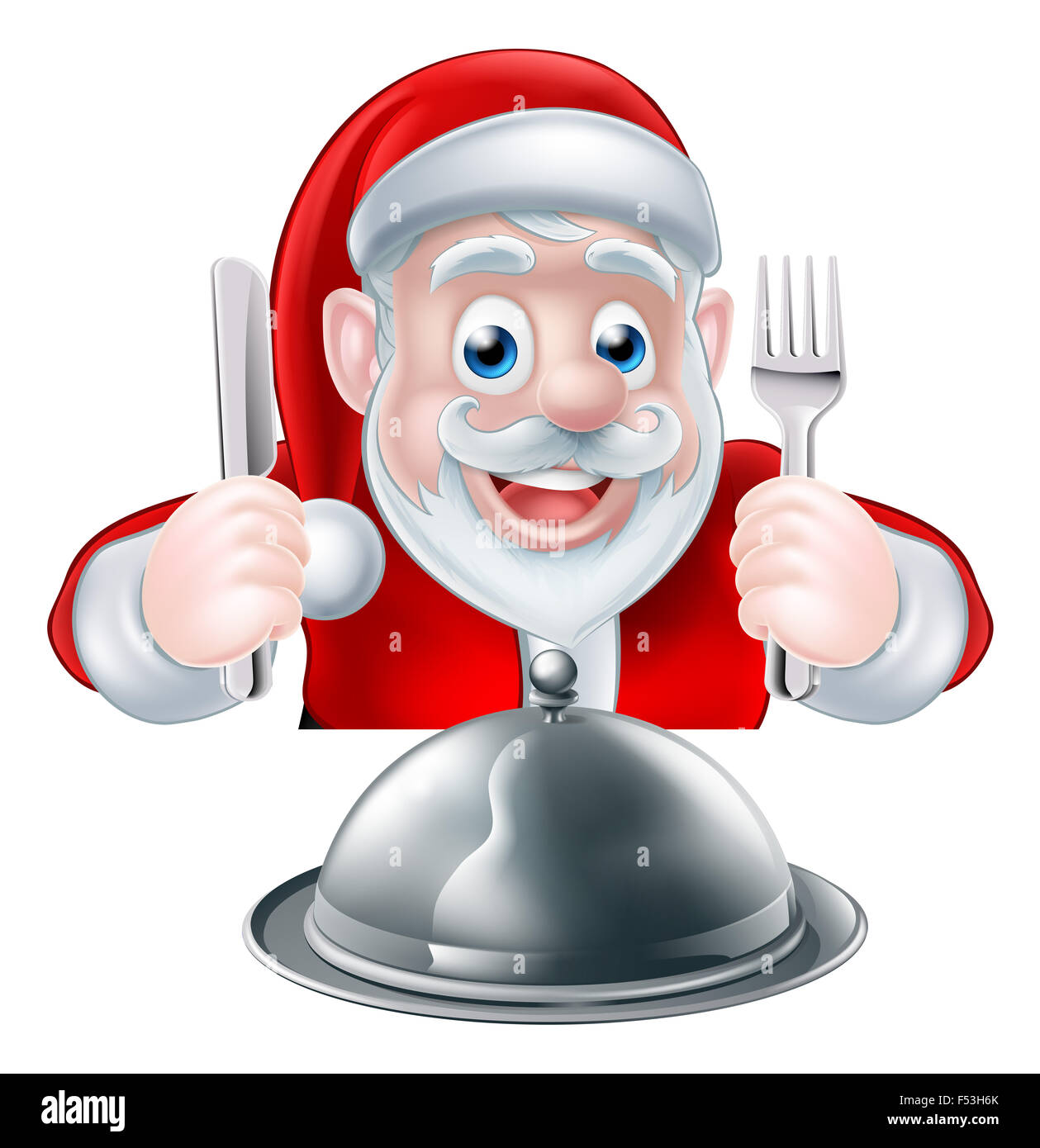 Une Illustration Cartoon De Noel Du Pere Noel Pret Pour Son Repas De Noel Tenant Un Couteau Et Fourchette Avec Une Cloche D Argent De La Nourriture Photo Stock Alamy