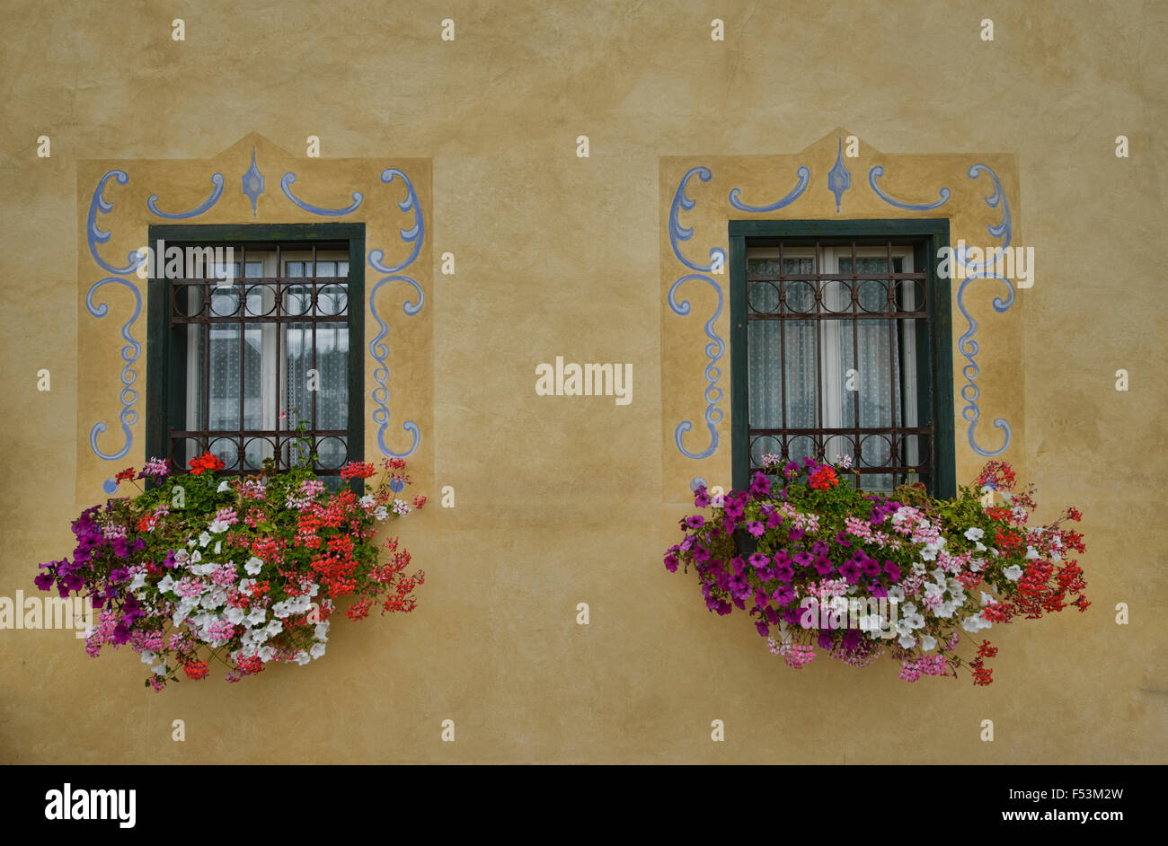 Fenêtres colorées avec des fleurs, Cortina d'Ampezzo, Italie Banque D'Images