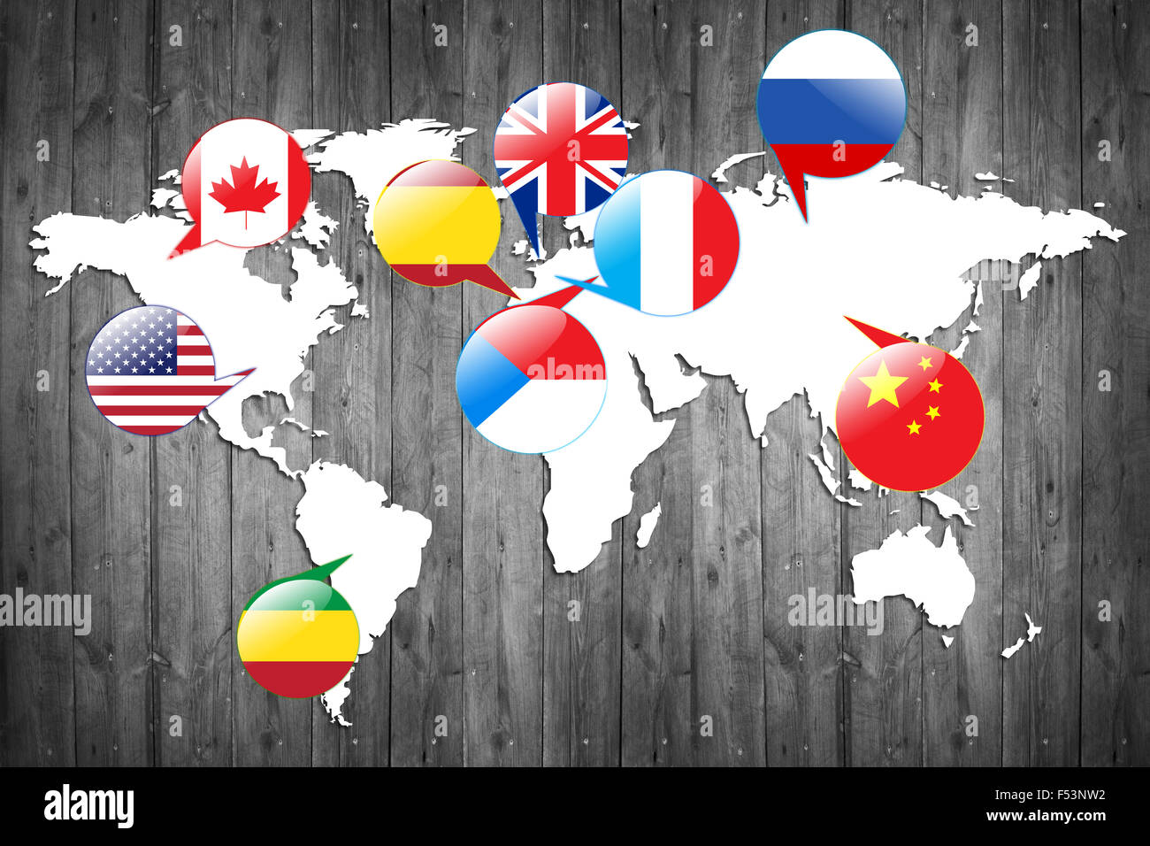 Drapeaux de différents pays sur la carte blanche. Banque D'Images