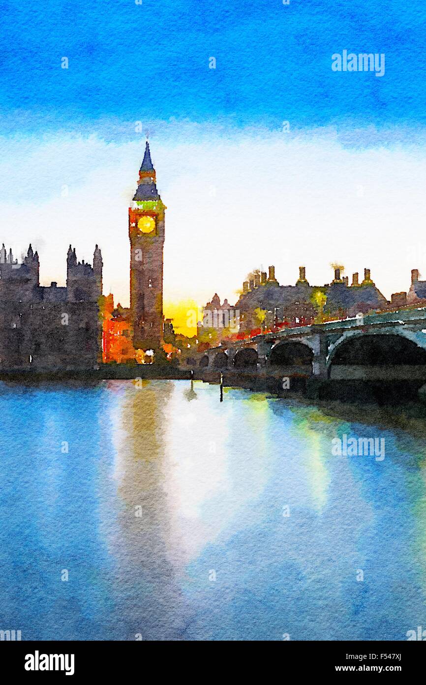 Peinture De Big Ben Après Le Coucher Du Soleil à Westminster