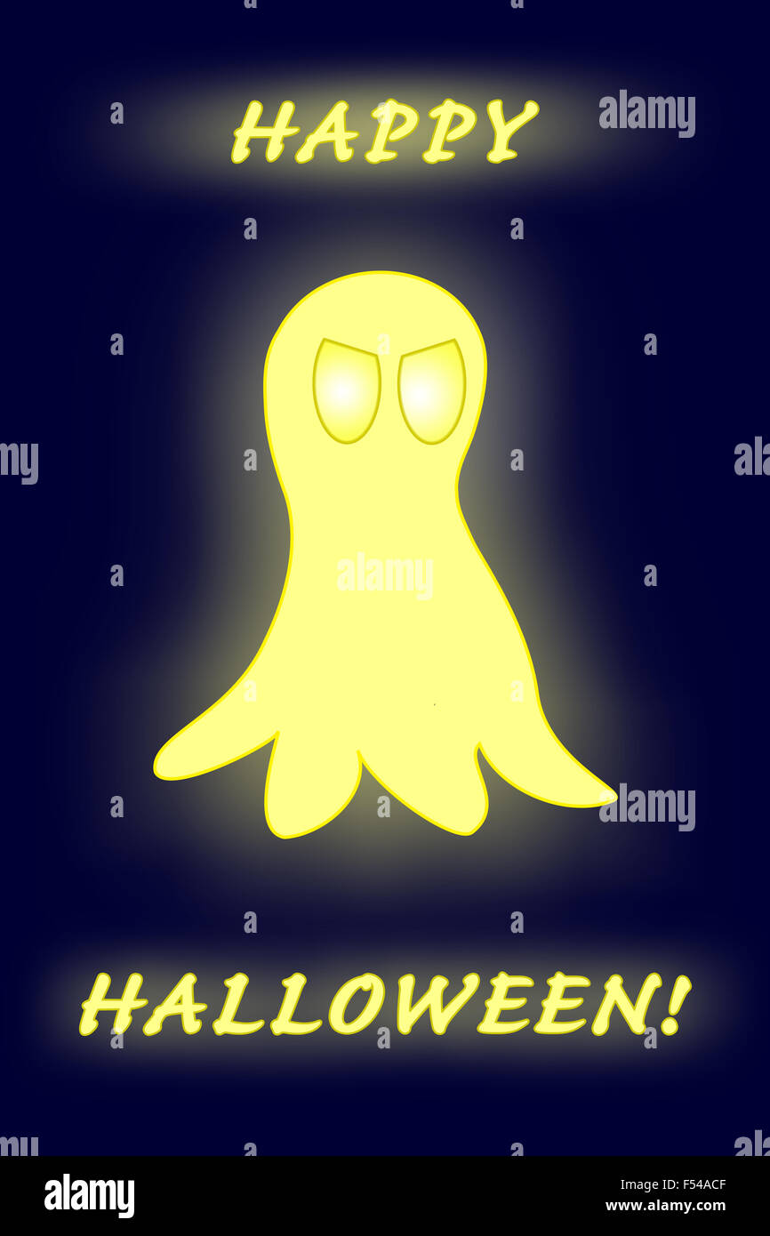 Ghost jaune sur fond bleu nuit brillant, avec texte lumineux Happy Halloween Banque D'Images